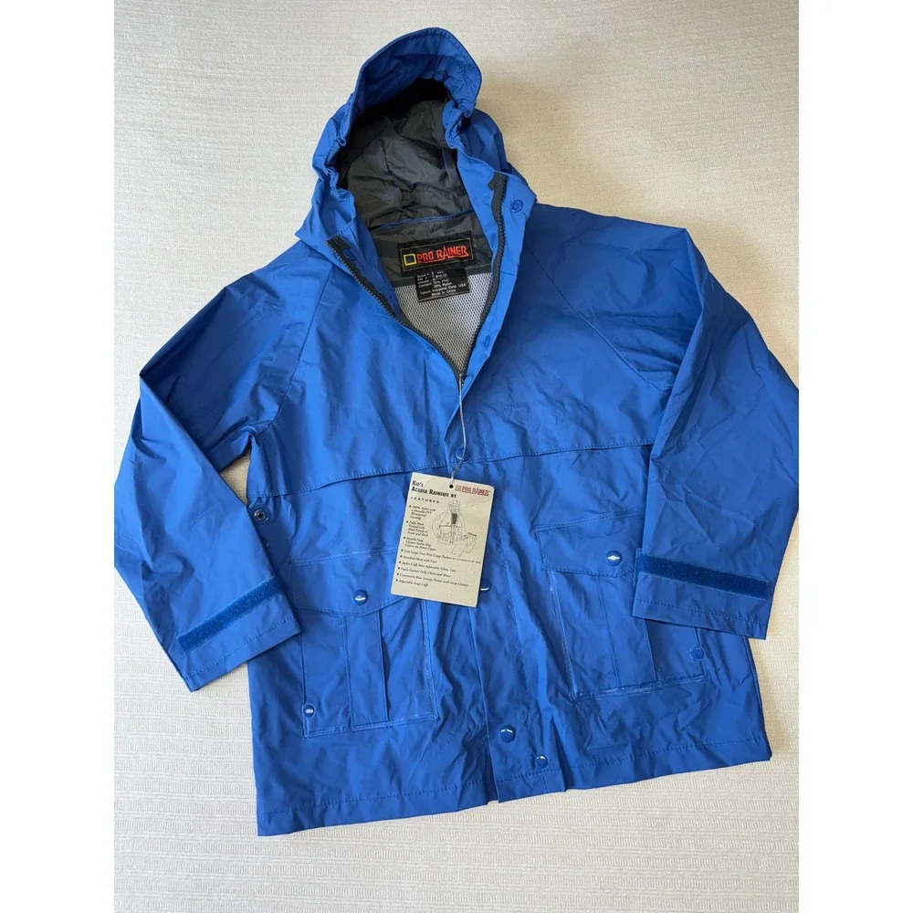 Vintage Pro Rainer Kids Acadia Rain Jacket Blue Hooded Deadstock Y2K M 10-12